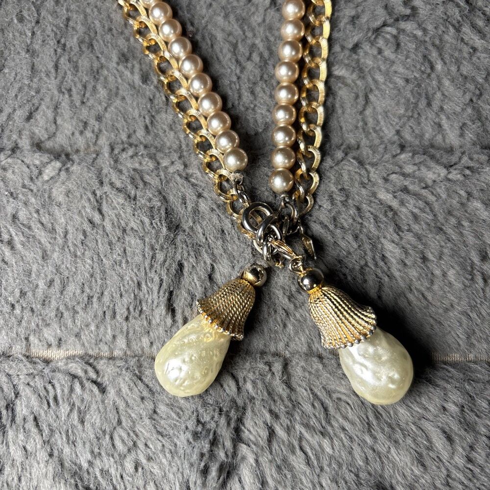 VTG SARAH COVENTRY Signed Baroque Faux Pearl Gold Tone Double Chain Necklace 30" - Picture 3 of 6
